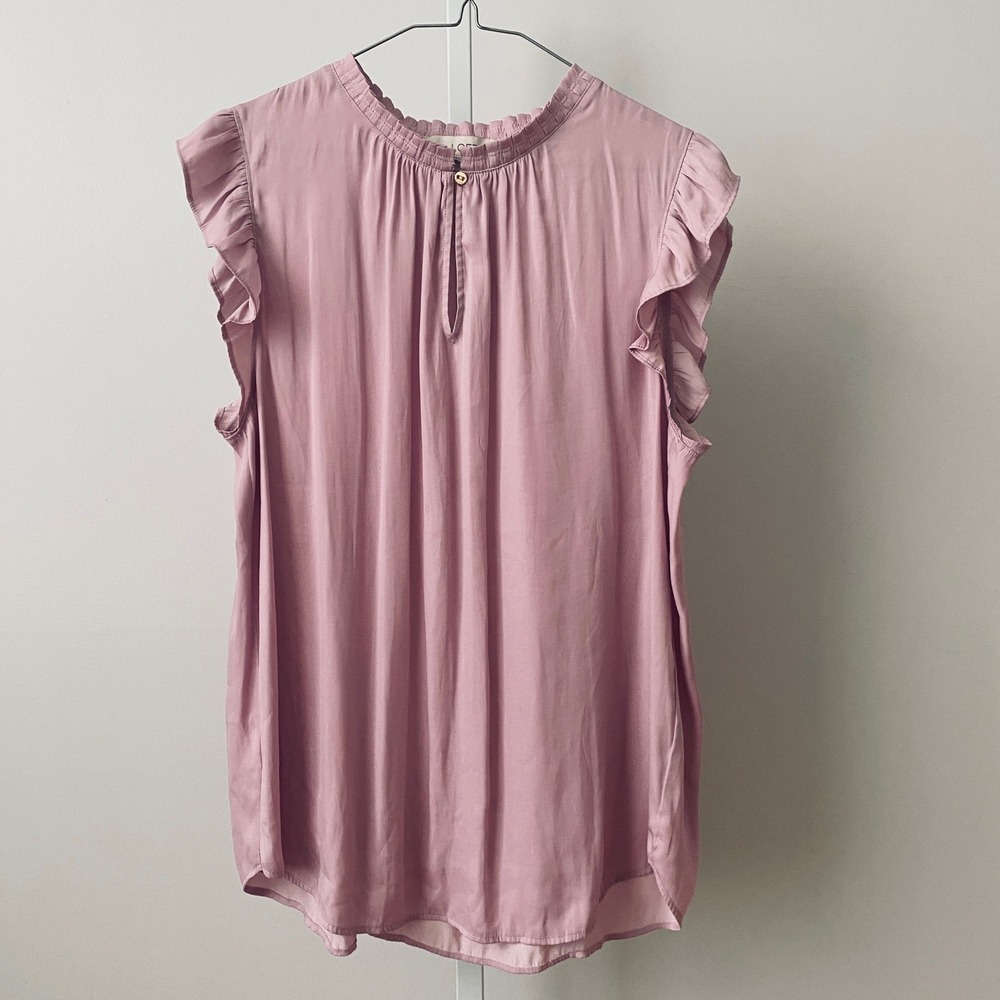 LOFT sz L Pink Ruffle Sleeve Keyhole Neck Blouse Top Preppy Minimalist